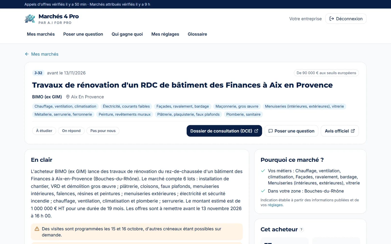 Fiche d'un marché : résumé en clair, date limite, lots et critères de choix
