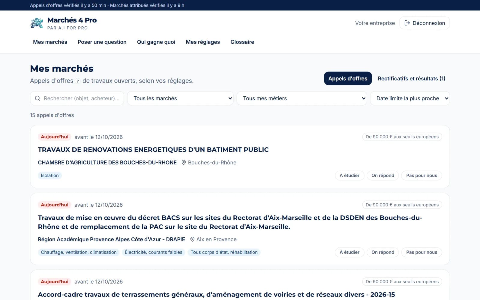 Liste « Mes marchés » : appels d'offres de travaux triés par date limite, avec métiers, lieu et statut